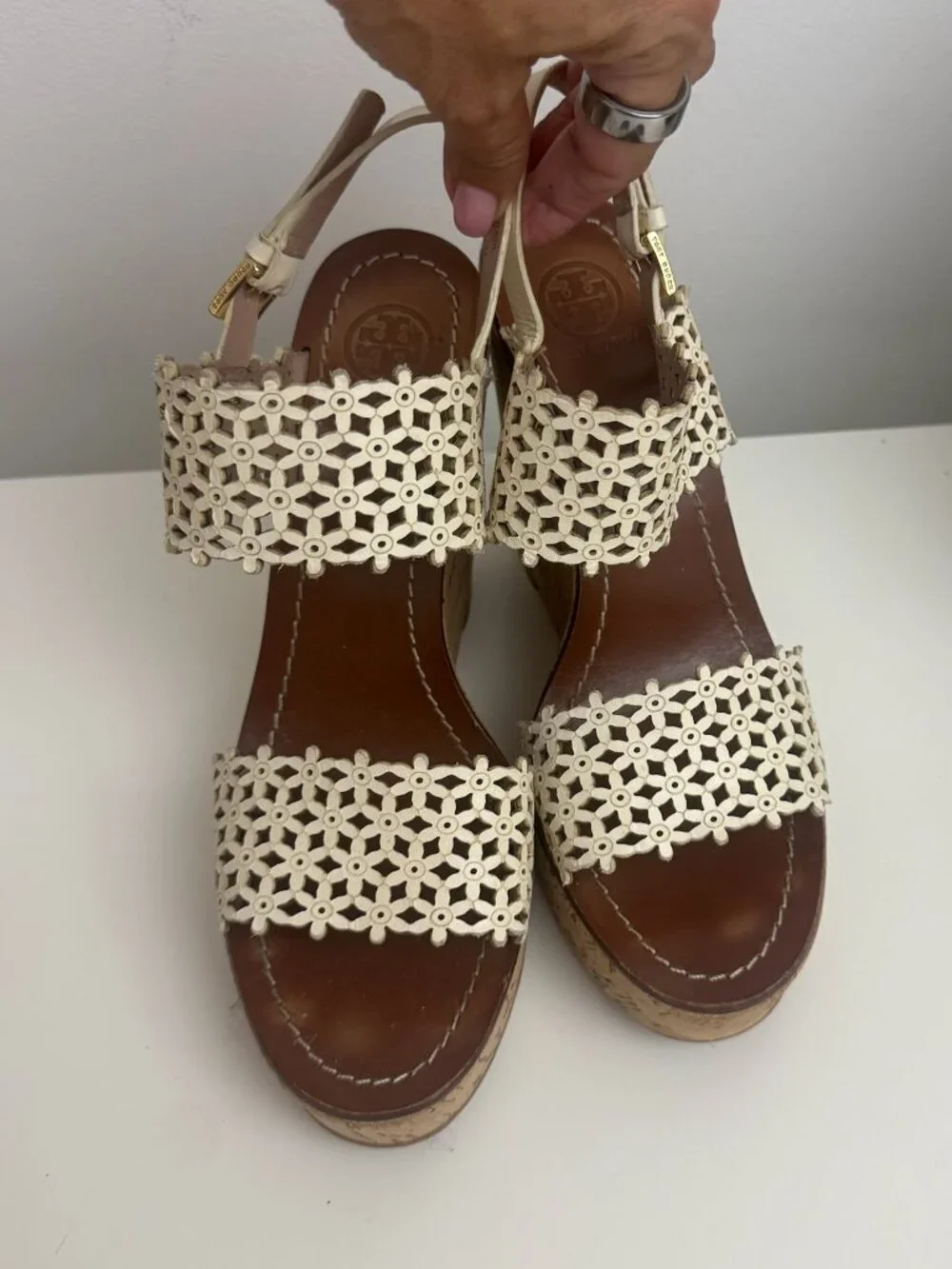 Tory Burch Daisy Floral Perforated Cork Wedge Sandals, Size 8.5
